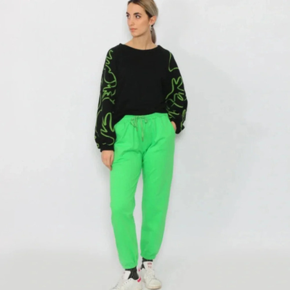 Women’s Black Oversized Crew Neck Sweatshirt with Green Abstract Sleeve Design